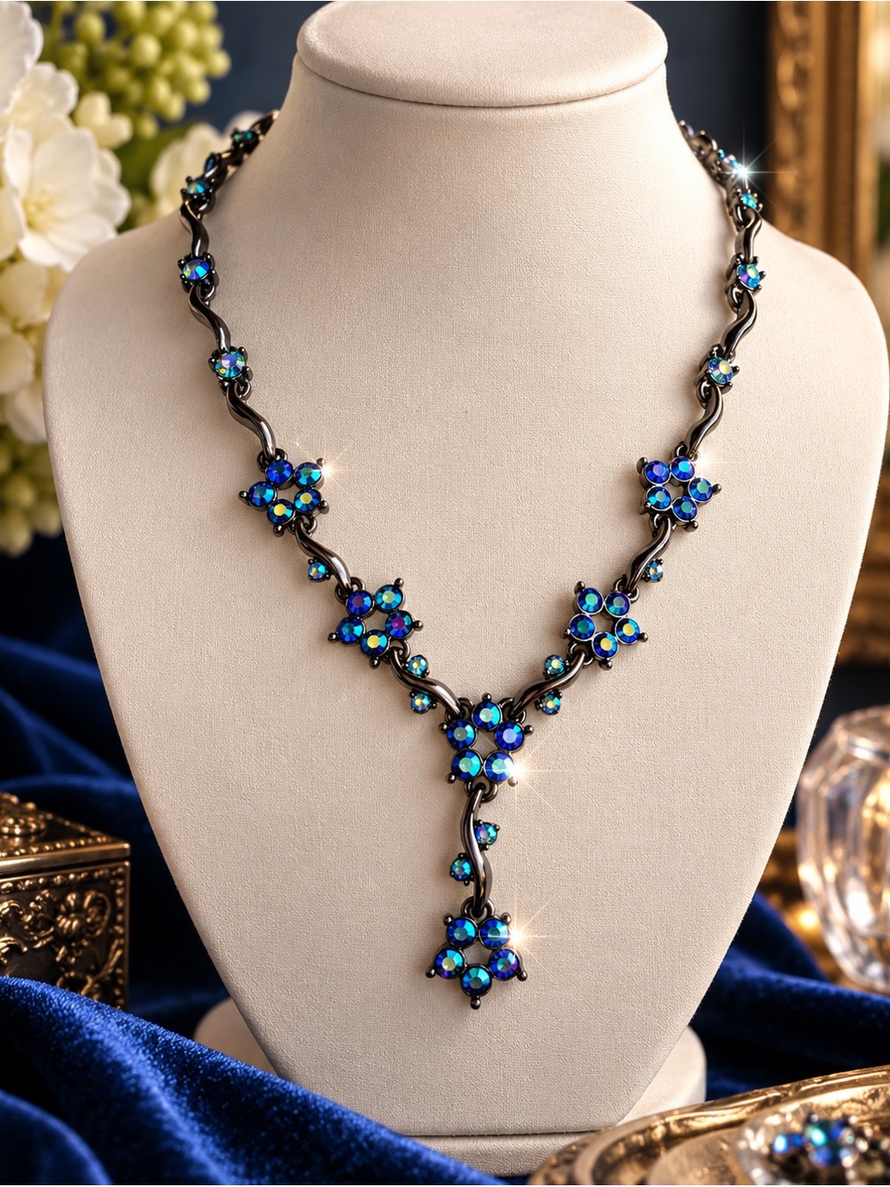 Vintage Pursuits Ltd. NOS Cobalt Blue Aurora Crystal Y Necklace